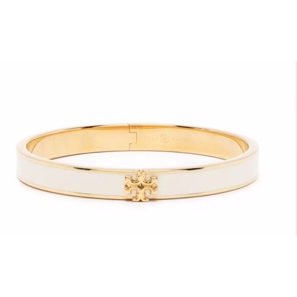 Tory Burch White and Gold Kira Hinged Bangle Bracelet - Picture 2 of 4